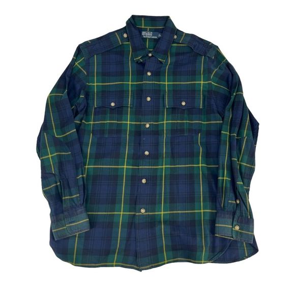 Vintage Polo By Ralph Lauren Shirt Mens Large Blue‎ Green Flannel Plaid Oxford - Picture 1 of 7
